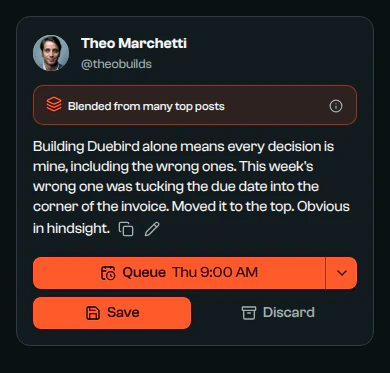 A post blended from many top posts, about moving the due date on Duebird's invoices from the corner to the top.