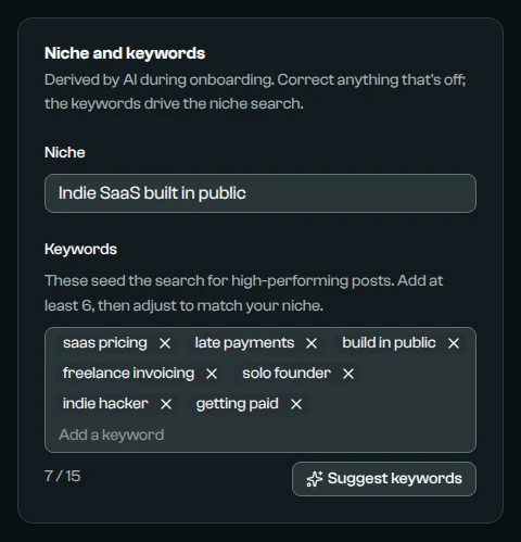 The Niche and keywords card of Post settings: the niche "Indie SaaS built in public" and keywords such as saas pricing and late payments.