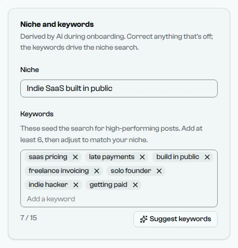 The Niche and keywords card of Post settings: the niche "Indie SaaS built in public" and keywords such as saas pricing and late payments.