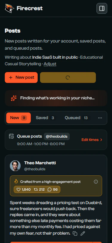 The Posts page mid-run: a spinner on the Generate button and a banner reading "Finding what's working in your niche".