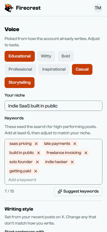 The setup form filled in from the account: Educational, Casual and Storytelling voice, the niche "Indie SaaS built in public" and seven keywords such as saas pricing and late payments.